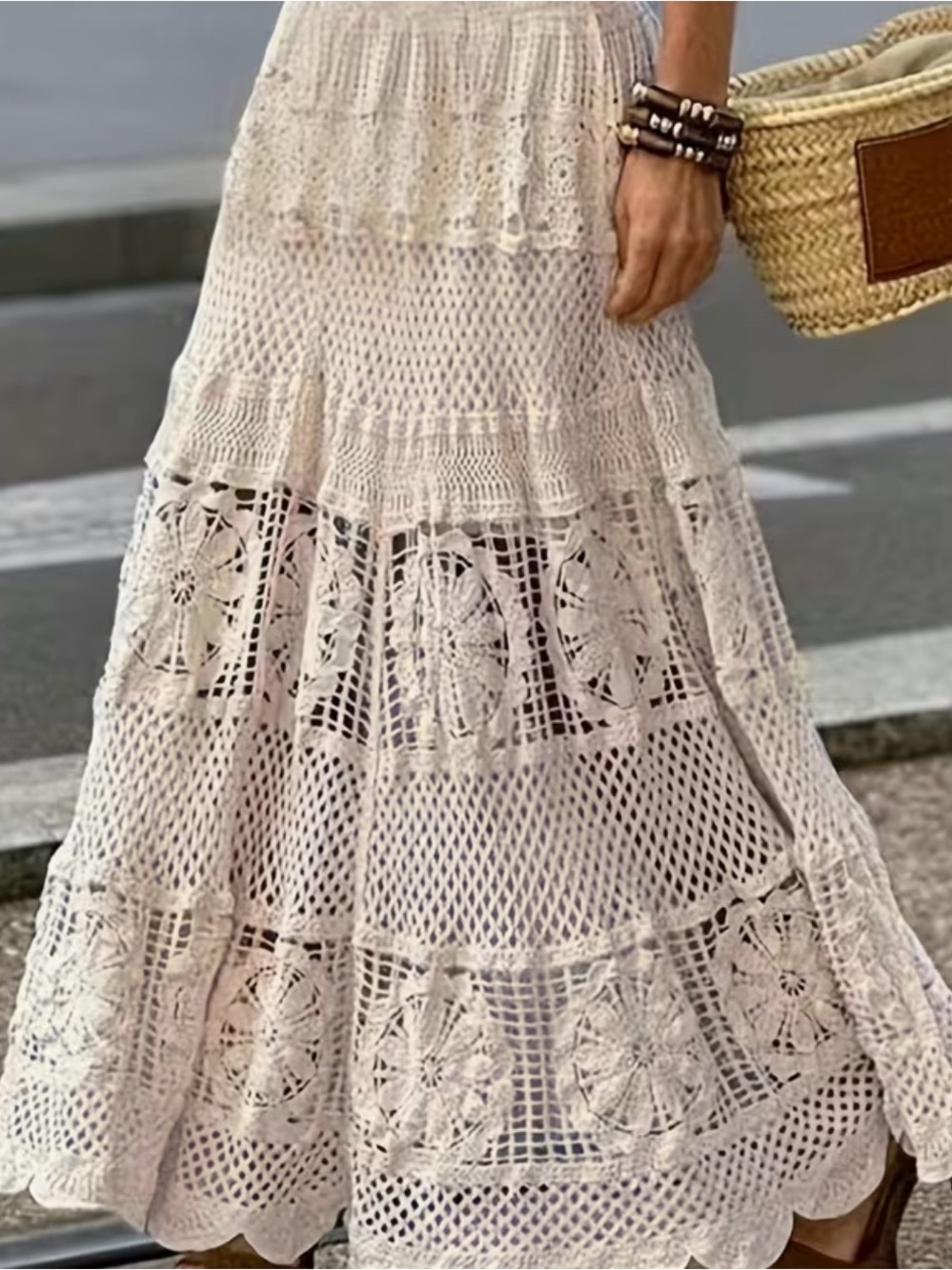 Crochet Tiered Maxi Skirt in Ivory - Fully lined Bohemian Knit Maxi